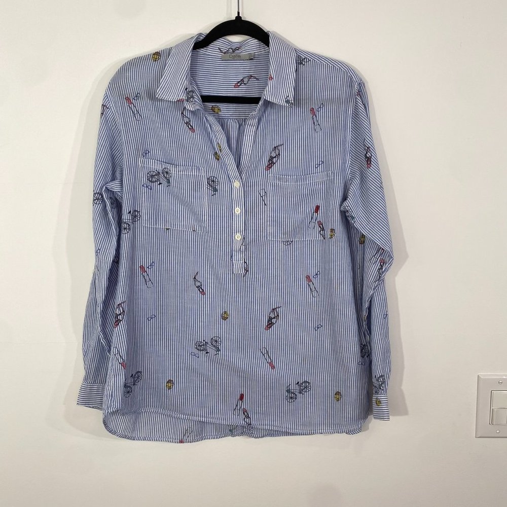 Dalia Collection Shirt Button Down Long Sleeve White and Blue Pin Stripe, Size L